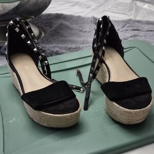 Marc Fisher Black Studded Espadrille Wedge Sandals